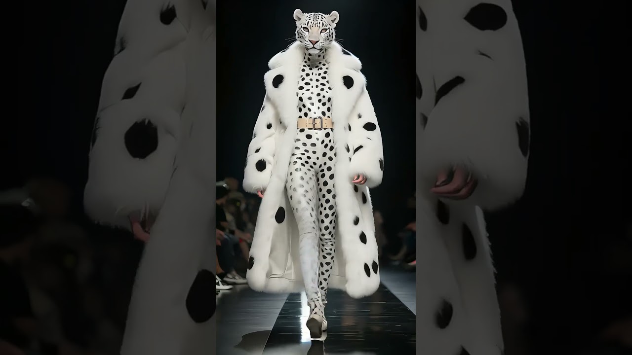 A humanoid model with a snow leopard head is walking on the runway.