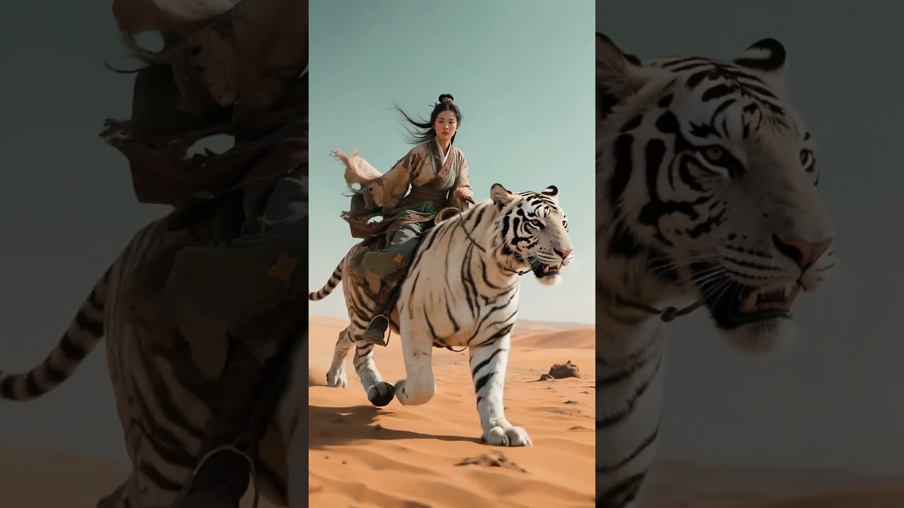 A beautiful woman rides on a huge white tiger.